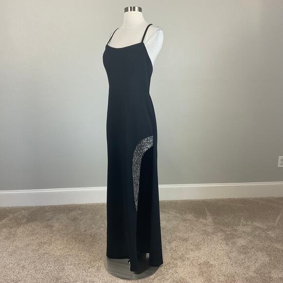 Black Beaded Backless Long Evening Gown Size 10 Nightway Sleeveless Thigh Slit - Picture 3 of 13